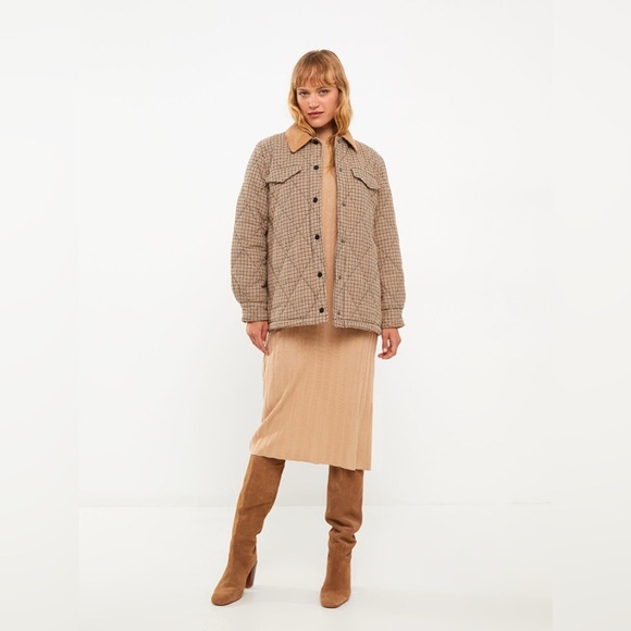 Zara Plaid Quilted Corduroy Collar Tan Cream Black Button Down Jacket Shacket - Picture 8 of 14